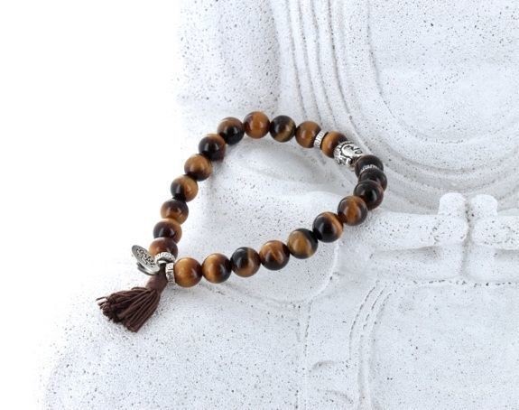 Bracelet Oeil de Tigre Perles rondes 8 mm Pompon et Lotus