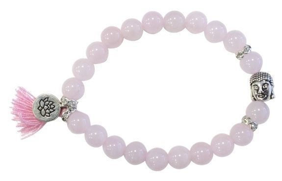 Bracelet Quartz Rose Perles rondes 8 mm Pompon et Lotus